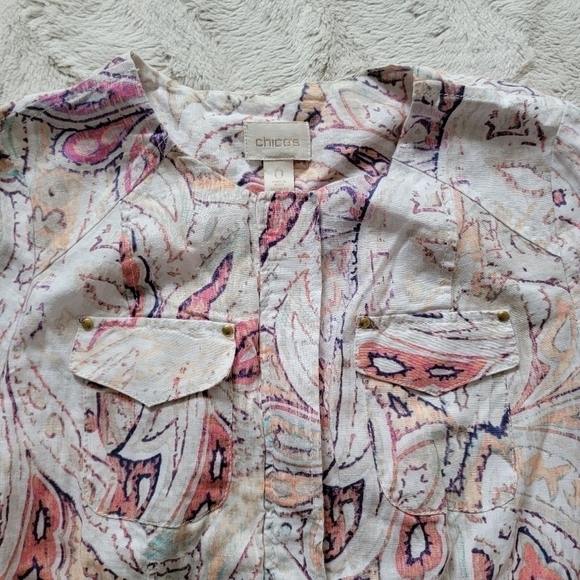 ✨CL Chico's 100% Linen Paisley Pastel Color Print Full Zip 3/4 Sleeve Blazer 0 - Picture 7 of 13